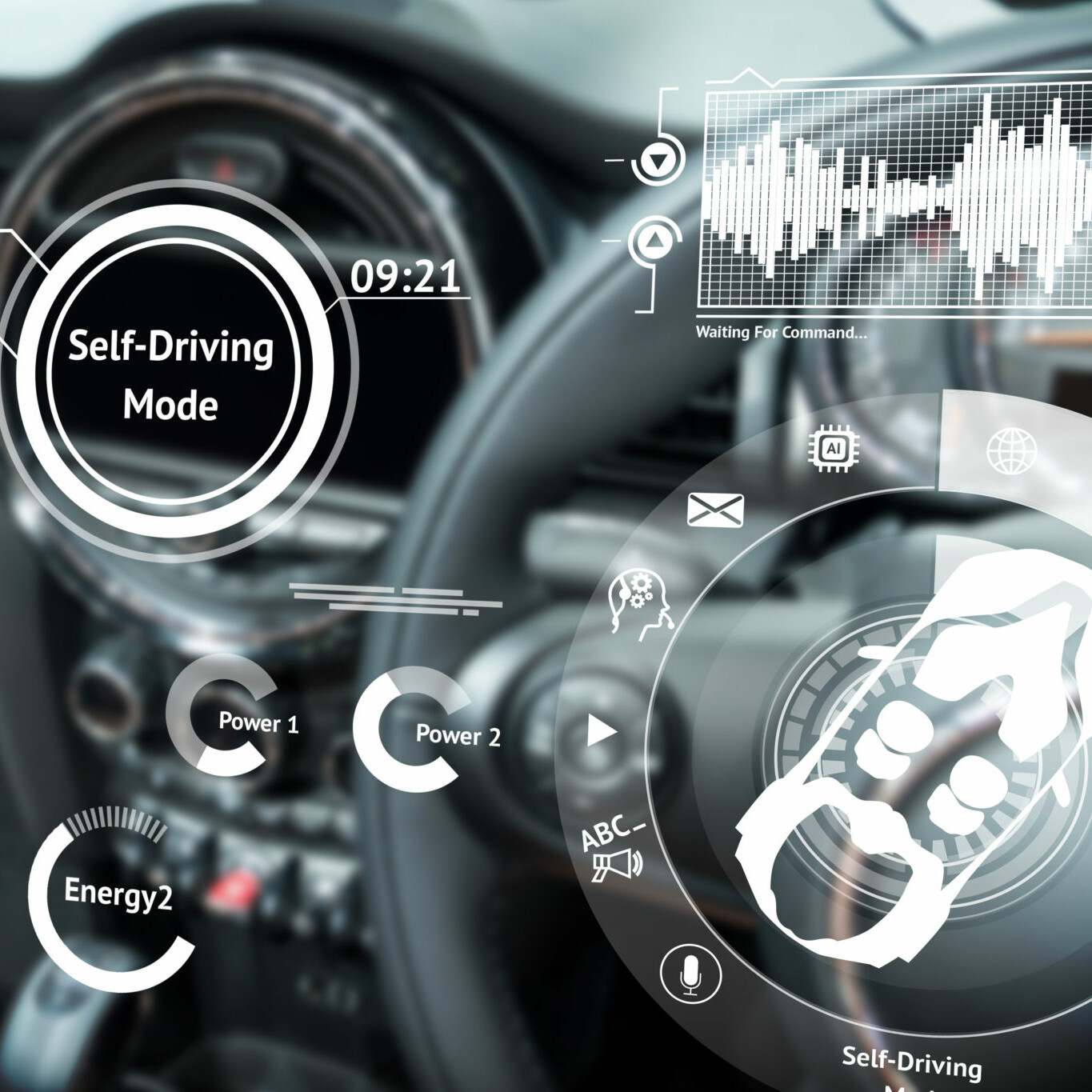 Smart car (HUD) concept. Empty cockpit in vehicle and Self-Driving mode car graphic screen