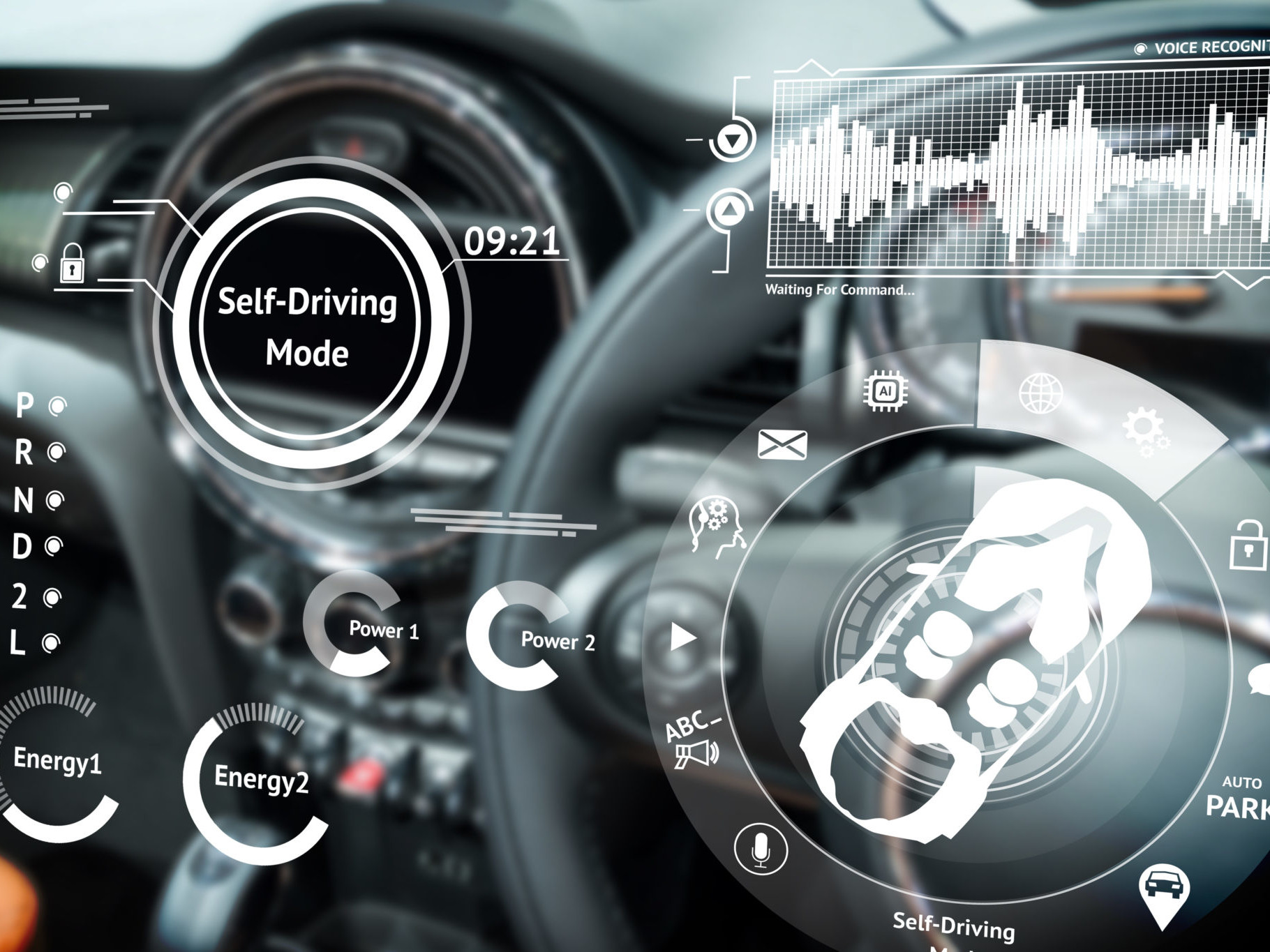 Smart car (HUD) concept. Empty cockpit in vehicle and Self-Driving mode car graphic screen