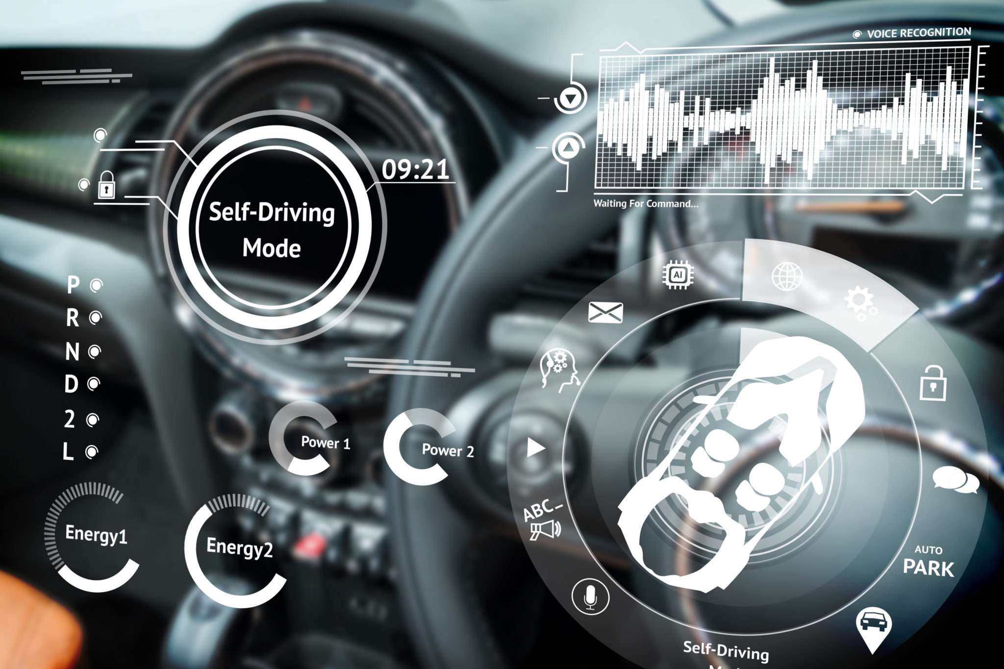 Smart car (HUD) concept. Empty cockpit in vehicle and Self-Driving mode car graphic screen