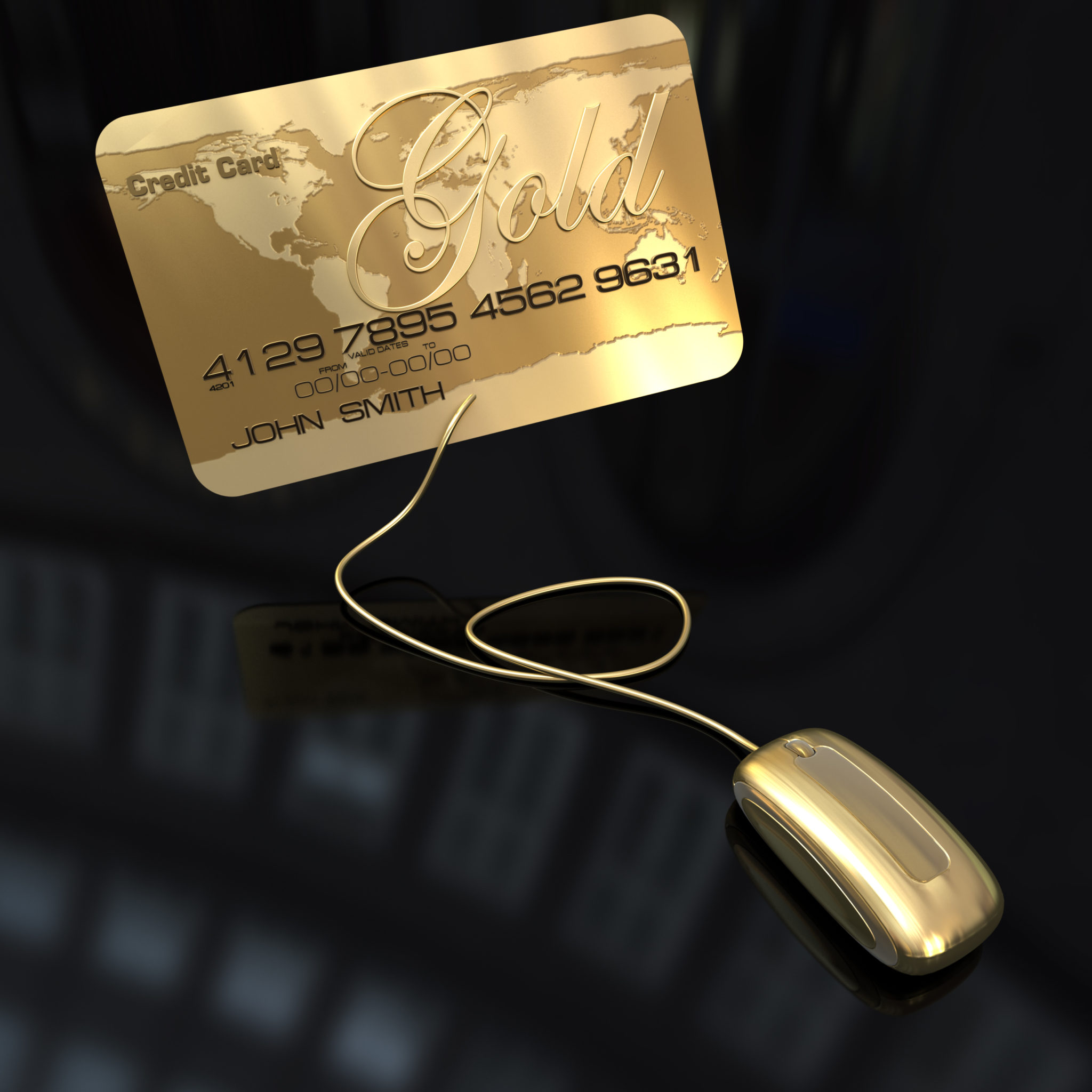 A gold credit card connected to a golden computer mouse on a black background